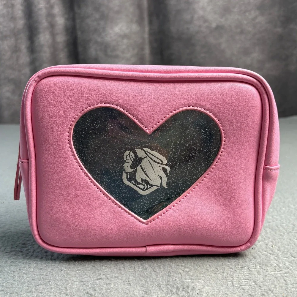 Akei Pink Heart Window Makeup Bag Vegan Leather Glitter Cosmetic Pouch Y2K